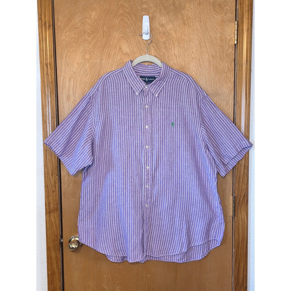 Polo Ralph Lauren Men's XXL Linen Button Down Shirt Purple Vertical Stripe